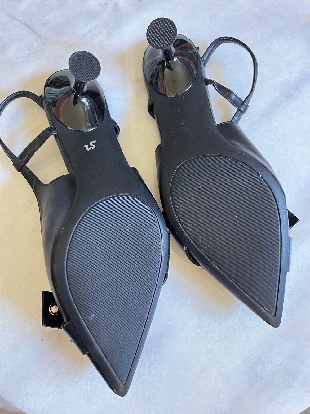 Jones New York Black Pointed-Toe Slingback Heels with Gold Eyelet Bow Detail